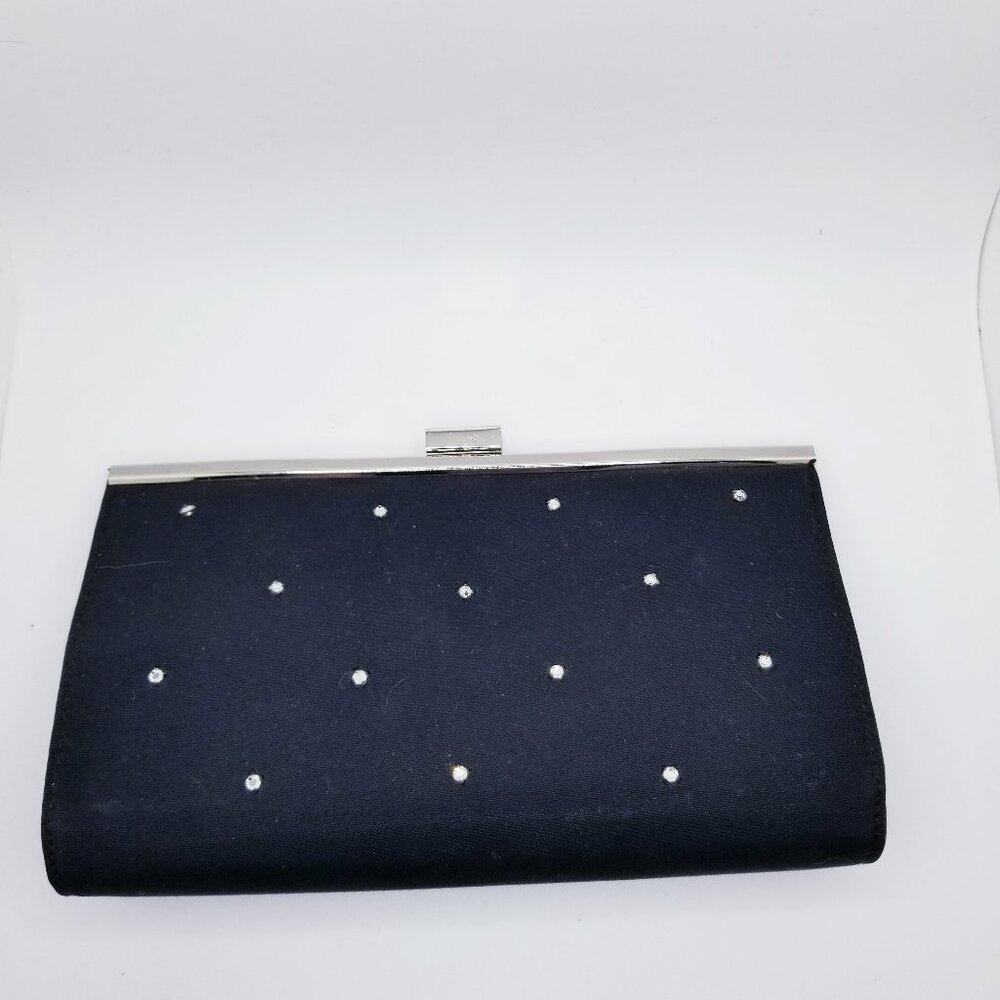 Liz Claiborne Black Clutch w/Rhinestone Accents & Fold Away Handles/Strap